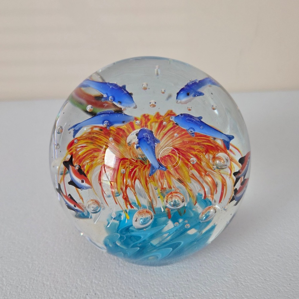 Vintage Paperweight Dolphin Ocean Sea Life Art Glass Fish Globe Coastal 5lb
